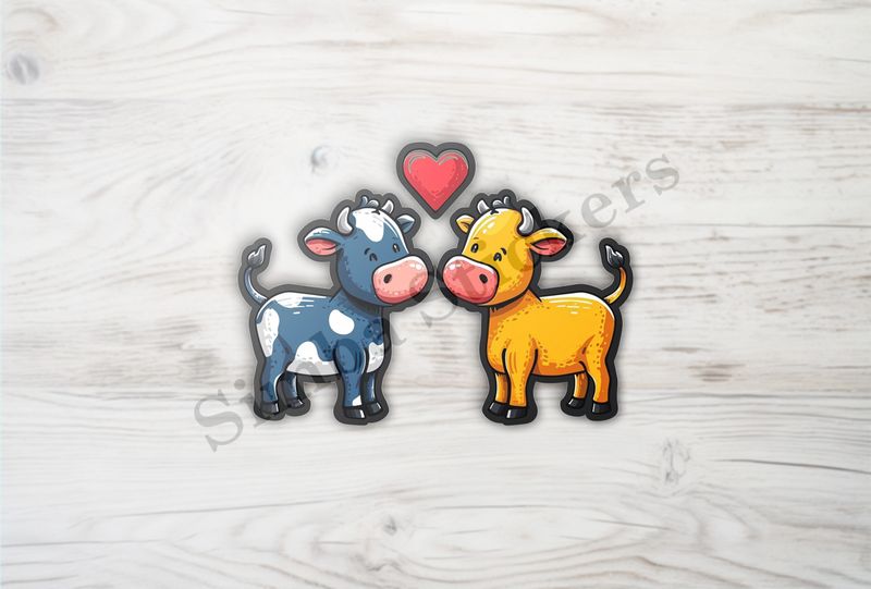 Cattle, bull and cow in love, colourful , heart in picture 