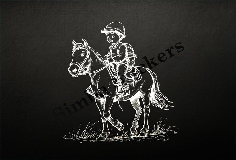 Horse carrying a small Asian boy, outline art