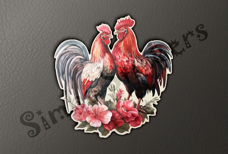 Rooster and hen chicken in love, flowers at their feet, watercolour