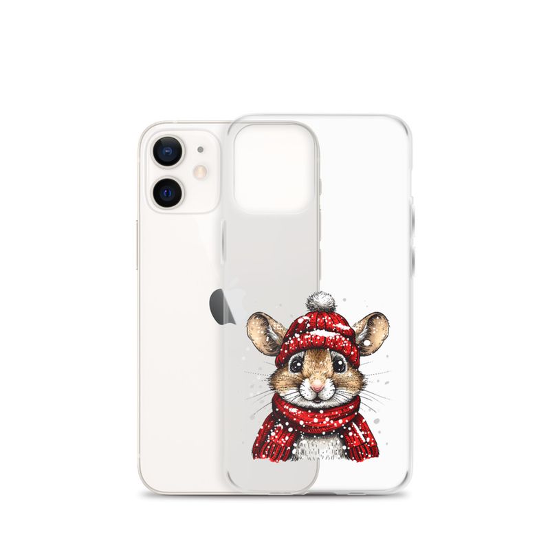 Clear Case for iPhone, Mouse wearing red winter hat and scarf in the snow, xg8dl3