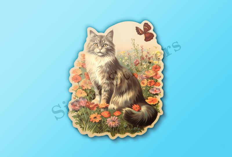 Vintage cat in flower field
