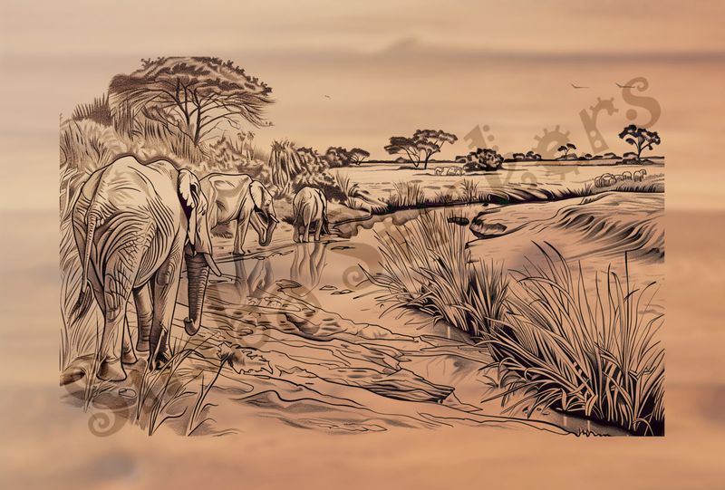 African Savanna landscape, with elephant train, outline art