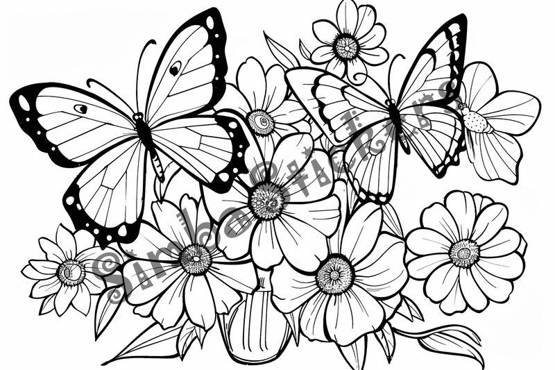 Colouring pages, bundle of butterflies over food or flowers, 25 images