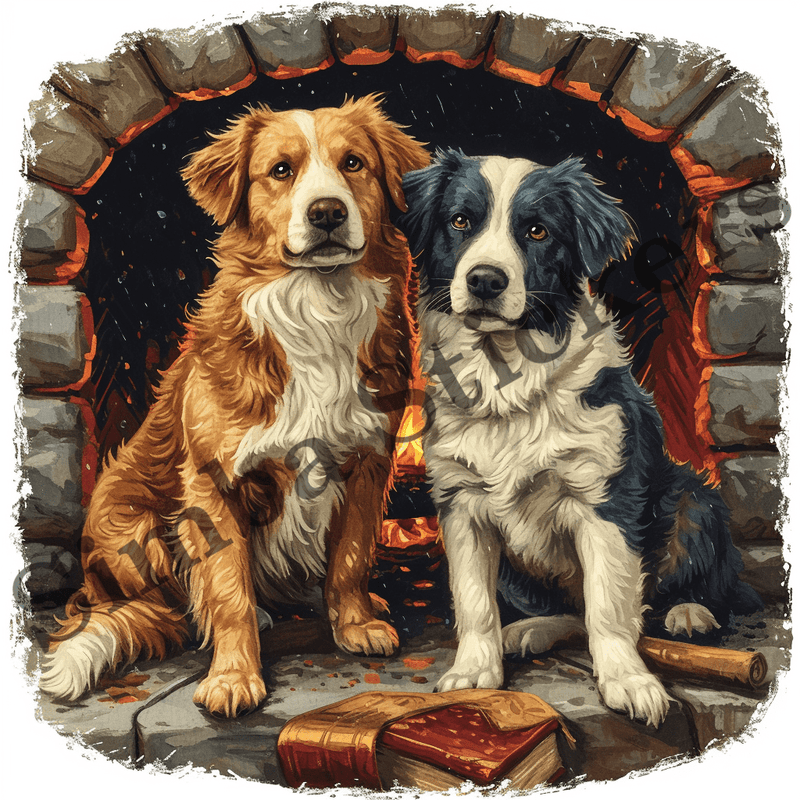 Dogs cuddling by fireplace, image set, 10 images