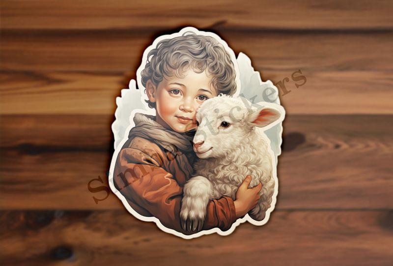 Lamb hugged by small boy , vintage