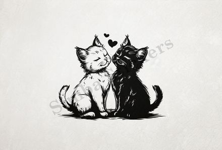 Black and white cats, romantic, outline art