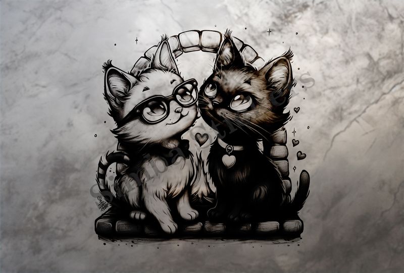 Cats, one in glasses, by the fireplace, outline art