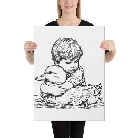 Canvas Print, 18x24, Duck hugged by small boy, outline art 