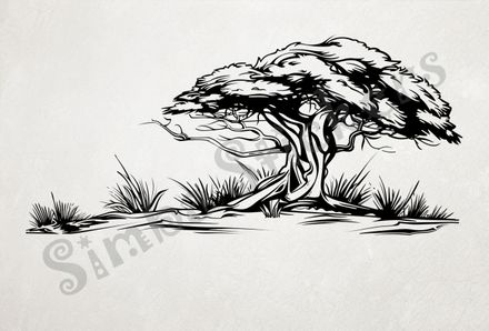 African Savanna landscape, giant tree, outline art