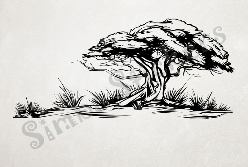 African Savanna landscape, giant tree, outline art