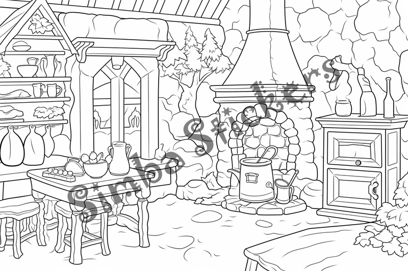 Colouring pages, bundle of house kitchens with stone ovens, 10 images