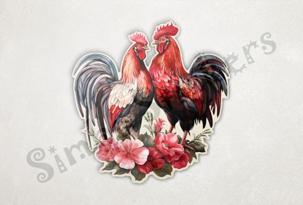 Rooster and hen chicken in love, flowers at their feet, watercolour