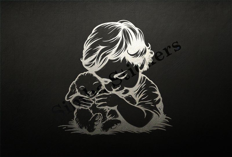 Lamb hugged by a small boy , outline art