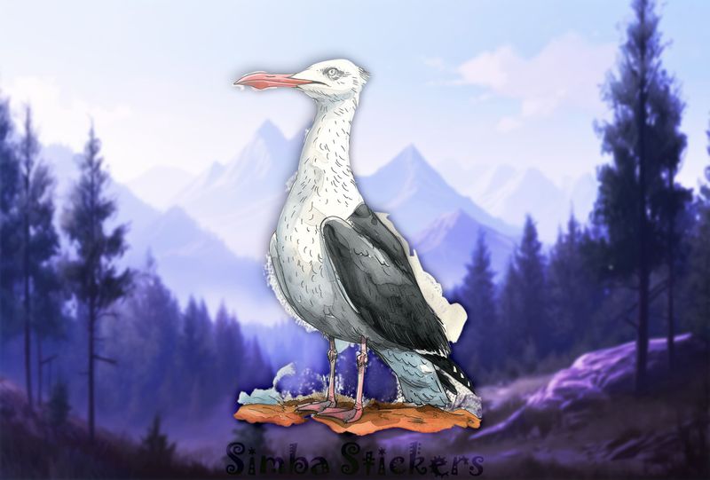 Funny-looking seagull standing on ground, watercolour, b1efmn