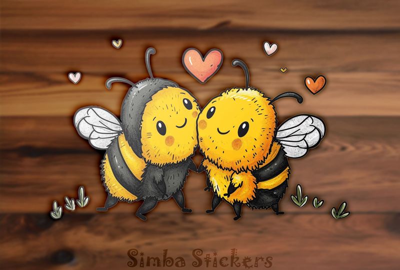 Bees in love cheek-to-cheek, with romantic heart above them, watercolour