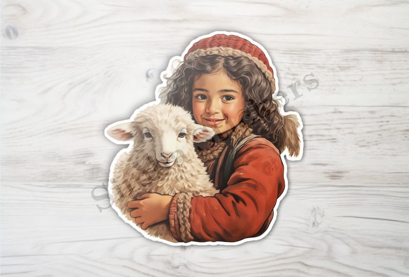 Sheep in arms of girl with red hat, vintage