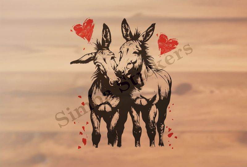 Donkeys in love, nose-to-nose, hearts in picture, outline art