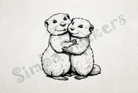 Beavers cuddling cheerfully in embrace, outline art