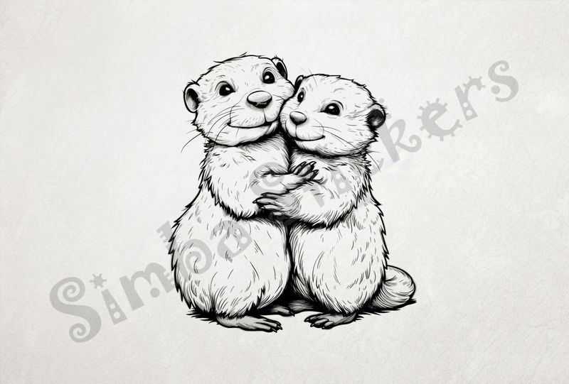Beavers cuddling cheerfully in embrace, outline art