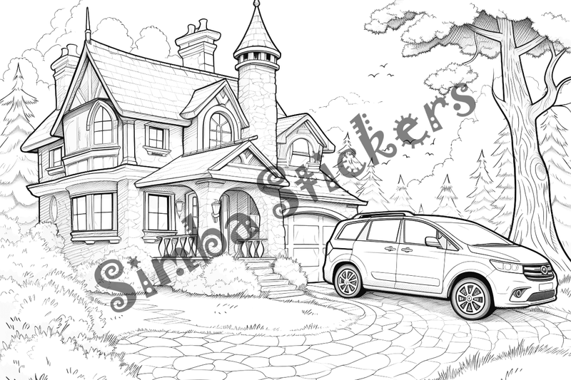 Colouring pages, bundle of houses with car in front, 10 images