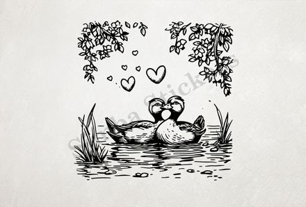 Ducks in love in a pond, under branches, outline art