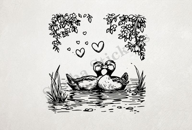Ducks in love in a pond, under branches, outline art