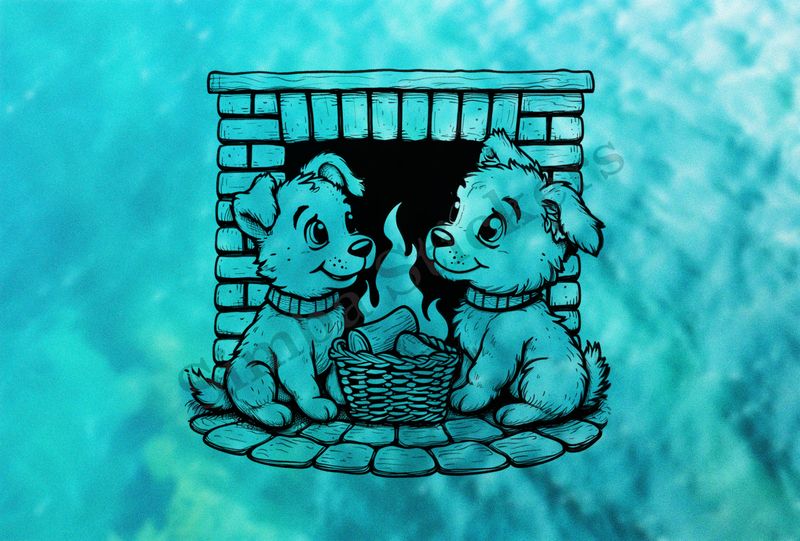 Cute dogs in glasses by the fireplace, with a basket of wood, outline art
