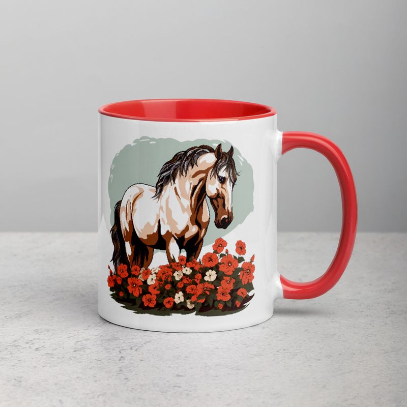 White Ceramic Mug with Color Inside, 11&amp;15oz, Brown horse in field of red flowers, n4w2fj