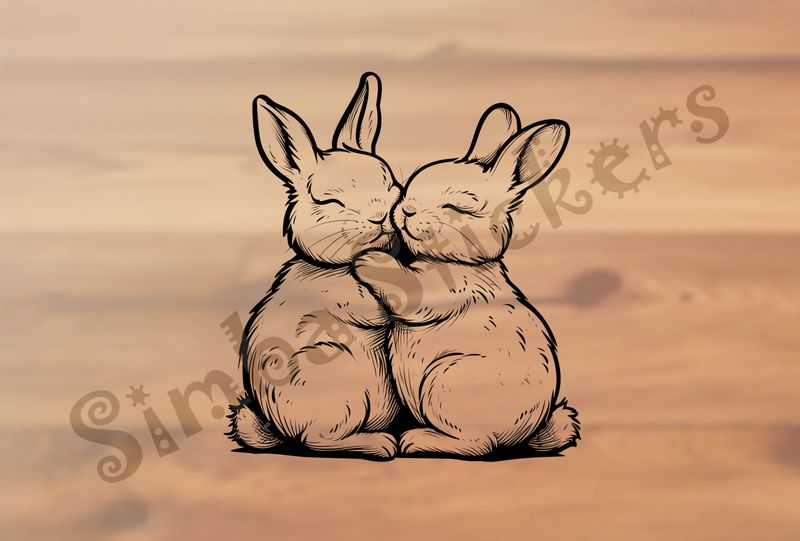 Hares cuddling arm-in-arm, outline art