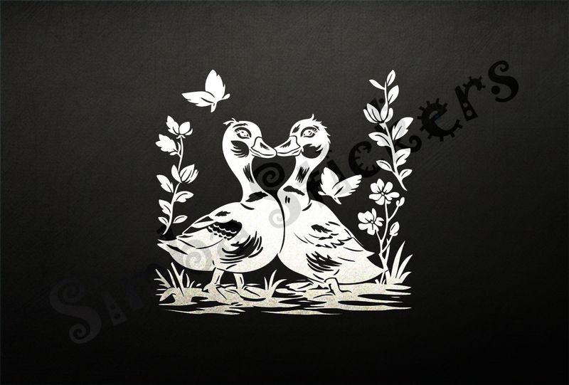 Ducks beak-to-beak, butterflies around them, outline art