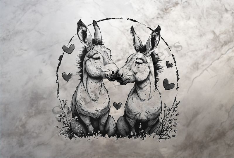 Donkeys in love, nose-to-nose, sitting, circle of love, outline art
