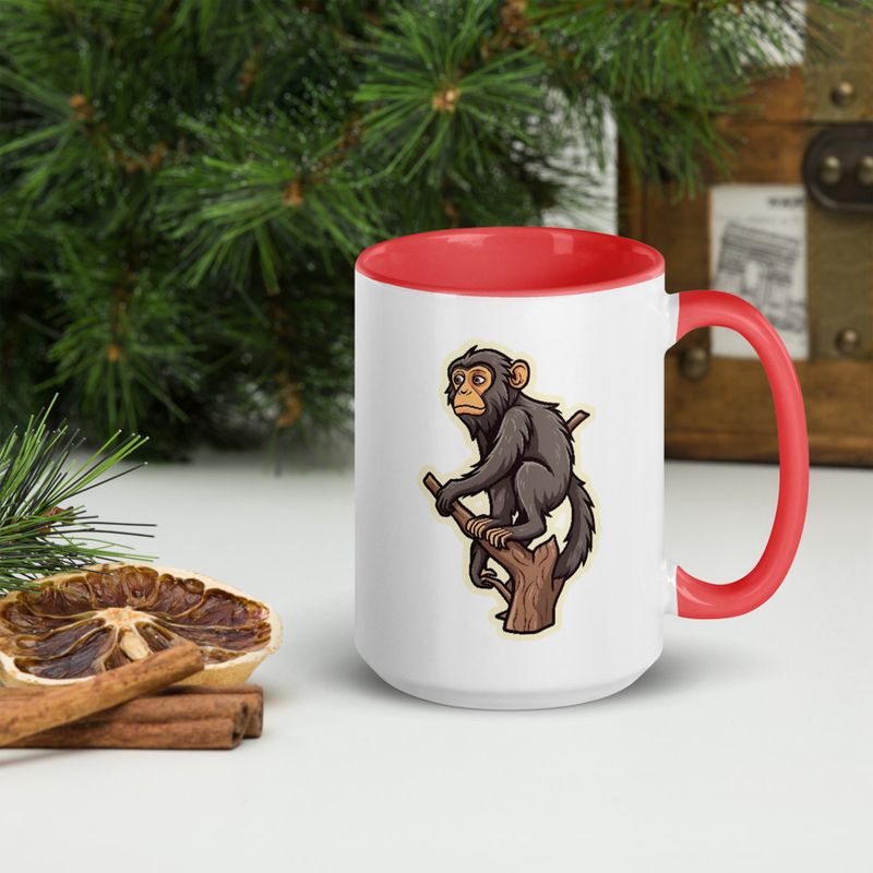 White Ceramic Mug with Color Inside, 11oz &amp; 15oz, Baboon on a tree, looking sad, head-to-head