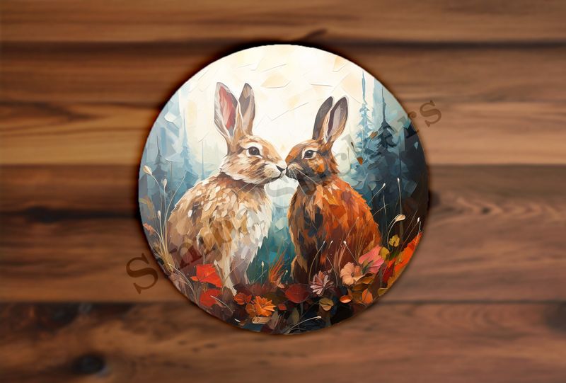 Rabbits in love in autumn leaves, oil painting