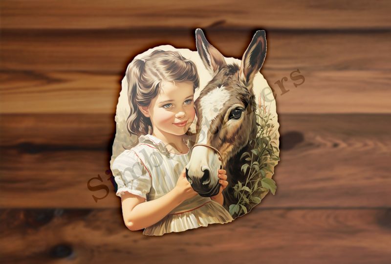 Donkey hugged by small girl of European origin in a white dress