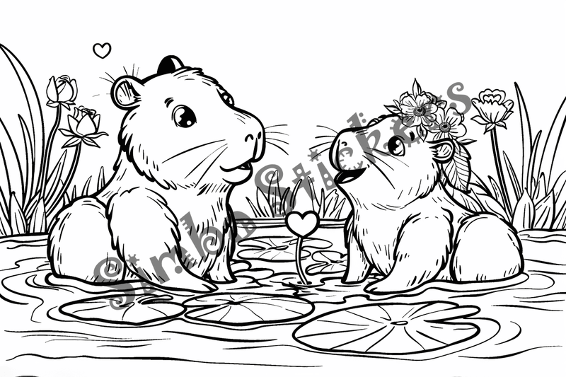 Colouring pages, bundle of capybaras in love, 25 images
