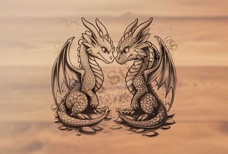 Baby dragons nose-to-nose in love, wings slightly extended, outline art