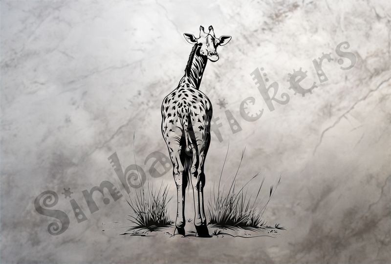 Giraffe from behind, head turned backwards to the right, outline art