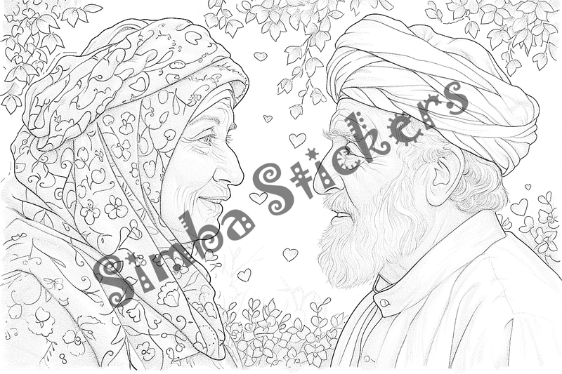Colouring pages, bundle of people, grandparents in love at picnic, 25 images