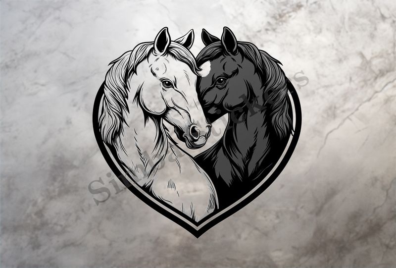 Horses in love, black and white, bust, in heart frame, outline art