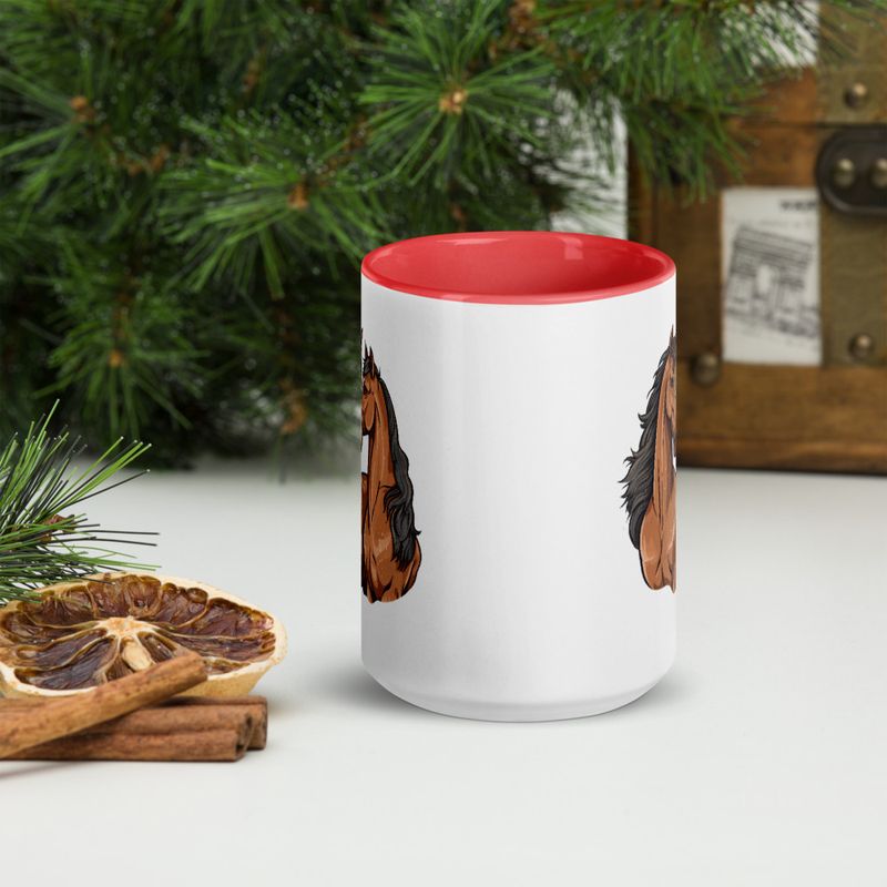 White Ceramic Mug with Color Inside, 11&amp;15oz, Two brown horses snuggling, tdwcyd