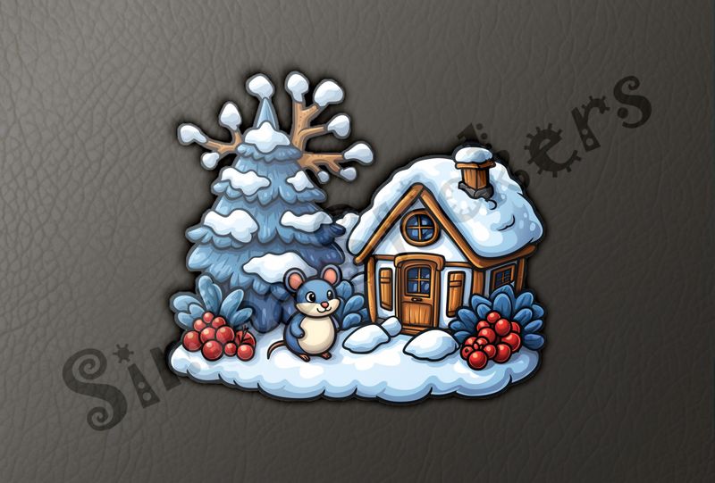 Blue Mouse outside small house in winter snow