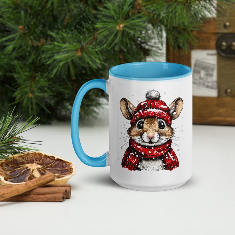 White Ceramic Mug with Color Inside, 11&amp;15oz, Mouse wearing red winter hat and scarf in snow, xg8dl3