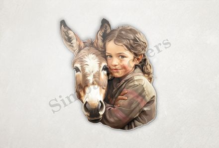 Donkey hugged by small child of European origin