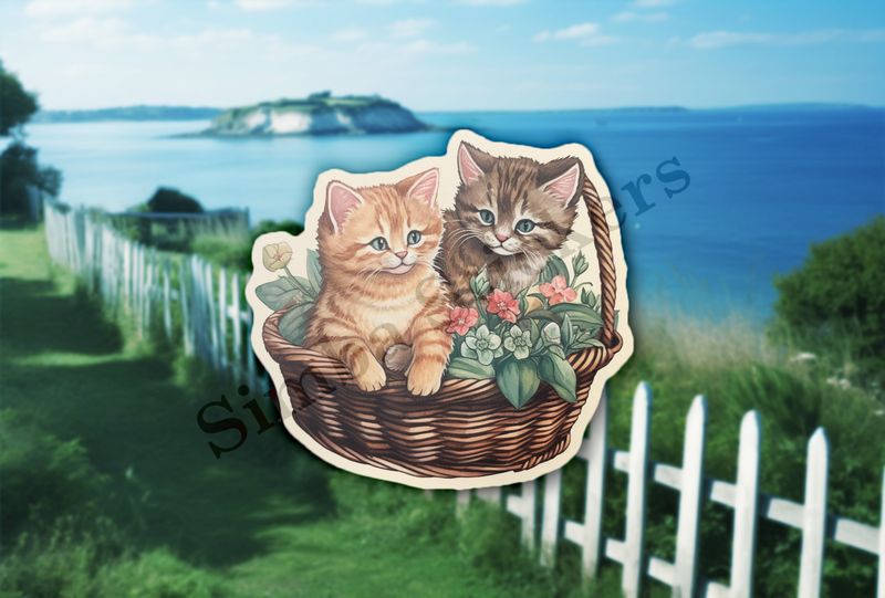 Two kittens in a flowery basket, vintage watercolour
