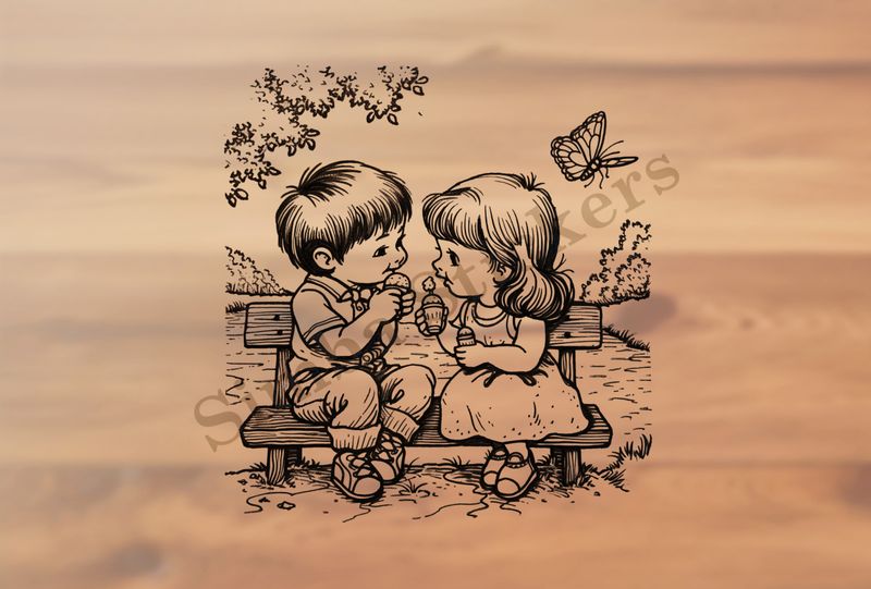 Boy and girl eating ice cream on a park bench by a pond, outline art