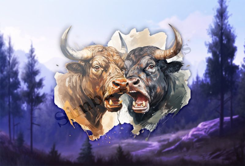 Bulls facing up to each other, watercolour, dx5eff