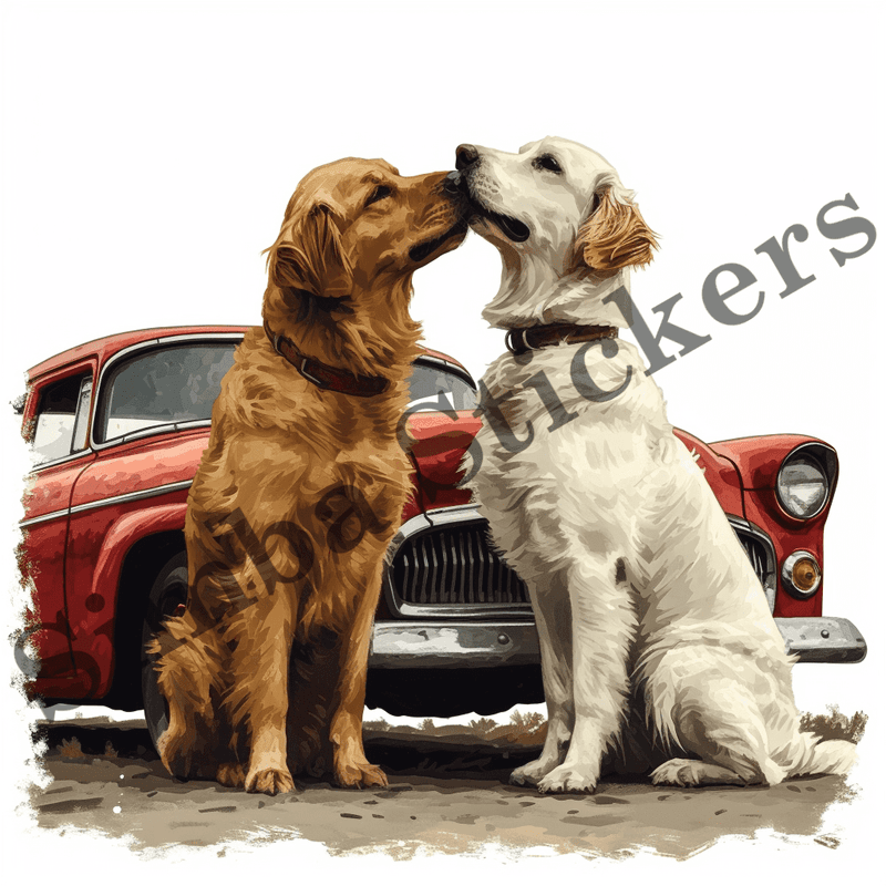 Dogs snuggling by car, watercolour, image set, 10 images