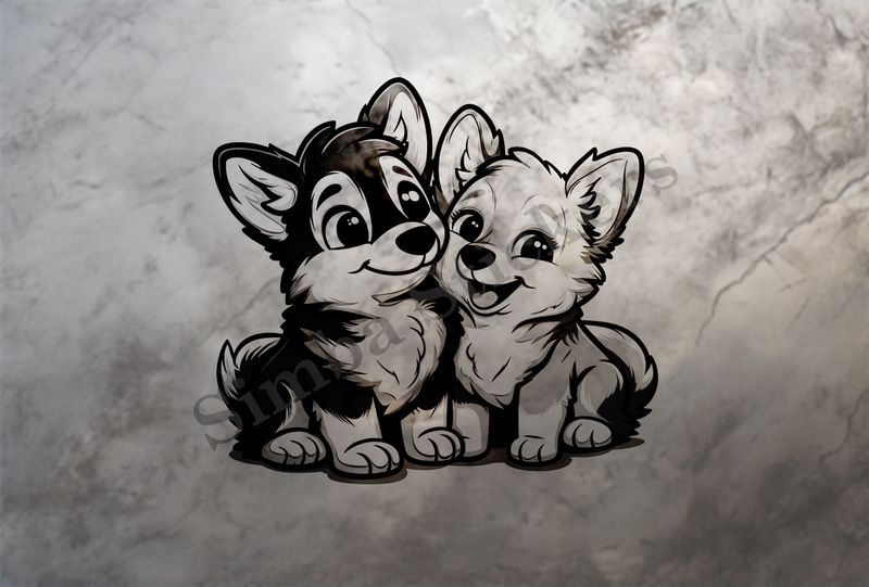 Happy dogs cuddling, outline art