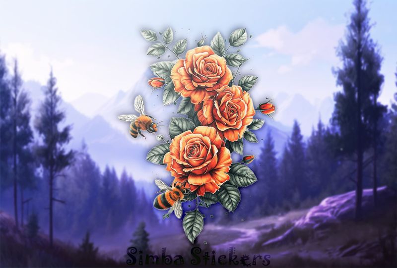 Bees buzzing around orange rose flowers