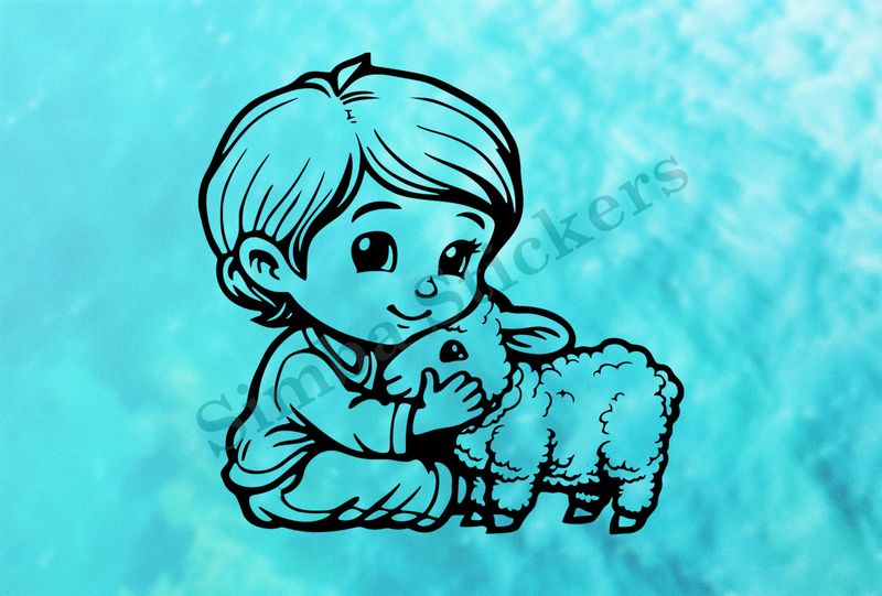 Lamb hugged by smiling little boy of Asian origin, outline art